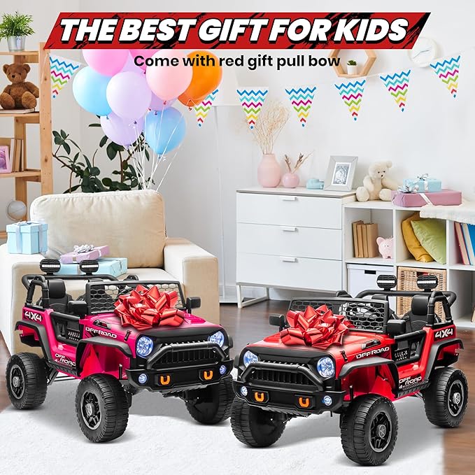24V XL 2 Seater Ride On Toys Car for Big Kids, 4WD/2WD Switchable Electric Truck w/20'' Wide Seat, Remote Control, 4-Wheeler Suspension, Xmas & Birthday Gift Ideas for Kid Boys Girls, Red