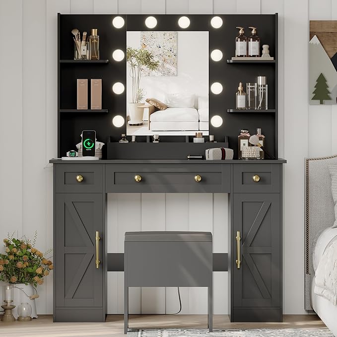 Vanity Makeup Desk with Mirror and Lights, Farmhouse Vanity Table Set with Storage Drawers, Charging Station & Chair, 43" Large Rustic Dressing Table, 3 Lighting Modes for Women Girls Bedroom, Black