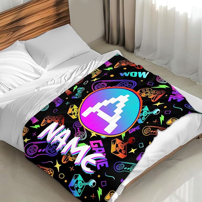 Gaming Blankets for Kids Boys Personalized Gamer Gifts for Son Grandson - Soft Lightweight Custom Monogram Stuff Throws for Sofa Bed Living Room Home Decor All Seasons (4 Sizes)