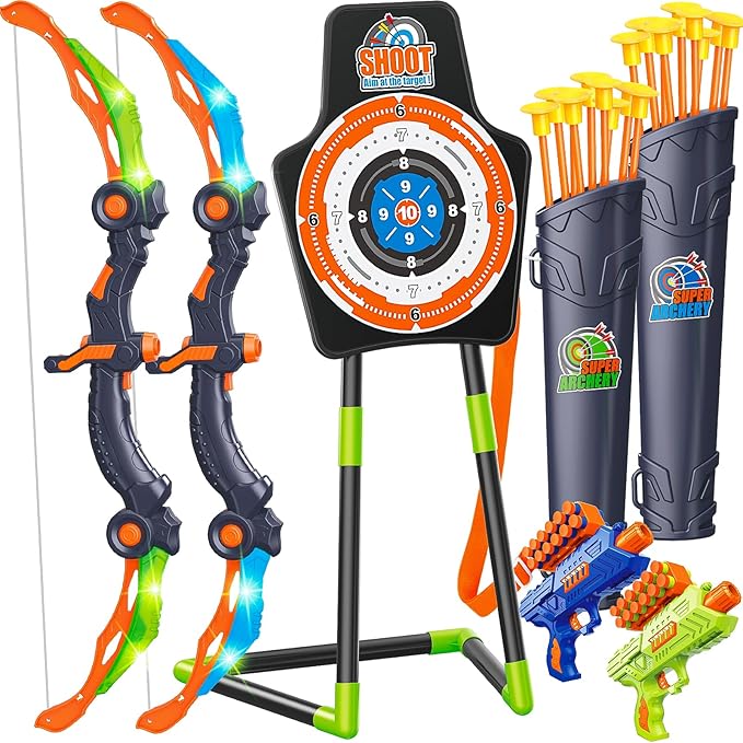 GMAOPHY 2 Pack Bow and Arrow Toy for 5 6 7 8 9 10 11 12 Year Old Boys, Birthday for Kids, Indoor Outdoor Sport Games Toys for Ages 4-8 8-12, LED Light Up Archery Set with 20 Suction Cup Arrows