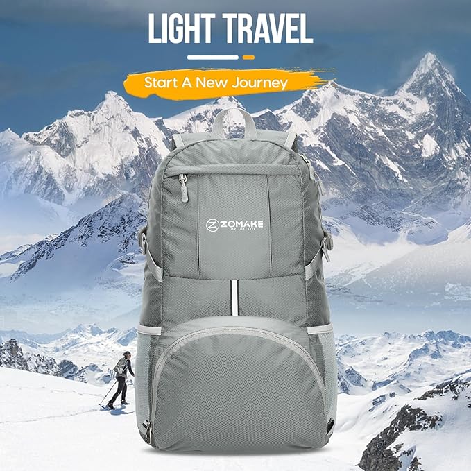 ZOMAKE Lightweight Packable Backpack 35L, Light Foldable Backpacks Water Resistant Collapsible Hiking Bag, Compact Folding Day Pack for Travel Camping(Sliver Grey)