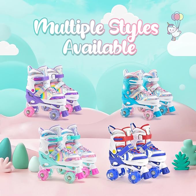 SULIFEEL Rainbow Unicorn 4 Size Adjustable Light up Roller Skates for Girls Boys for Kids