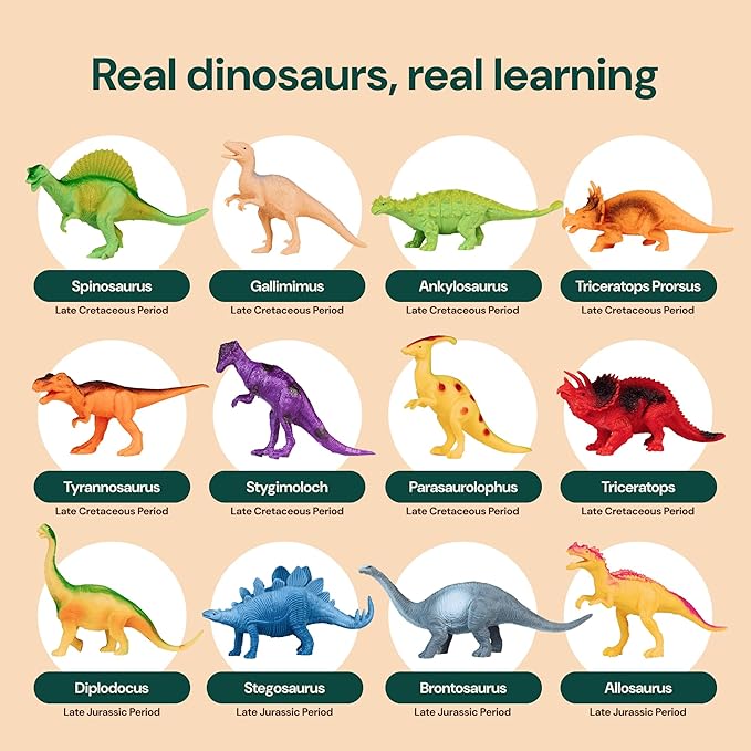PLAYVIBE Dinosaur Toys - 12 Realistic 7-Inch Models, Multi-Color, Metal Storage Box - Dinosaur Figures & Action Figures for Kids Ages 3-7