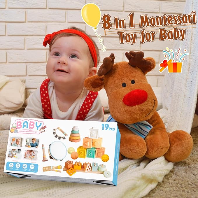 Montessori Toys Wooden Musical Instruments for Kids, Percussion Instruments Music Toy Set with Tambourine, Handbells, Clarinet, Sounder for Toddlers, Educational Toys for Baby (Natural Color)