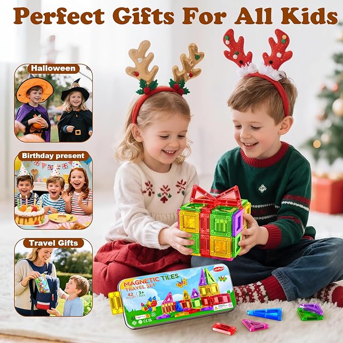 Mini Magnetic Tiles Travel Magnetic Tiles with Iron Box,42PCS Magnet Building Block Set Travel Toys for Kids Ages 3+,Educational Portable Magnet Toys Gifts for Toddlers Boys & Girls Christmas Birthday