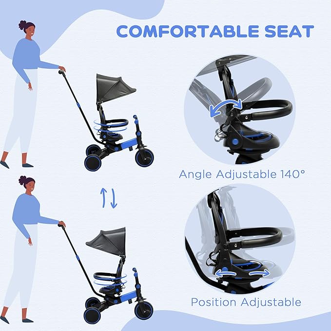 Qaba 3-in-1 Toddler Trike, Push Tricycle, & Balance Bike with Adjustable Settings, Toddler Push Bike, Baby Bike with Shady Canopy, Ages 1.5-4, Blue