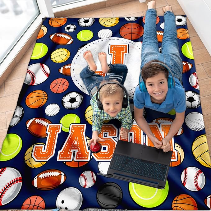 Gift for Boys, Personalized Sport Throw Blanket with Initial for Kids Toddler Teens Sports Lovers, Custom Soft Fuzzy Blankets for Bed Couch Sofa Decor(4 Sizes Optional)