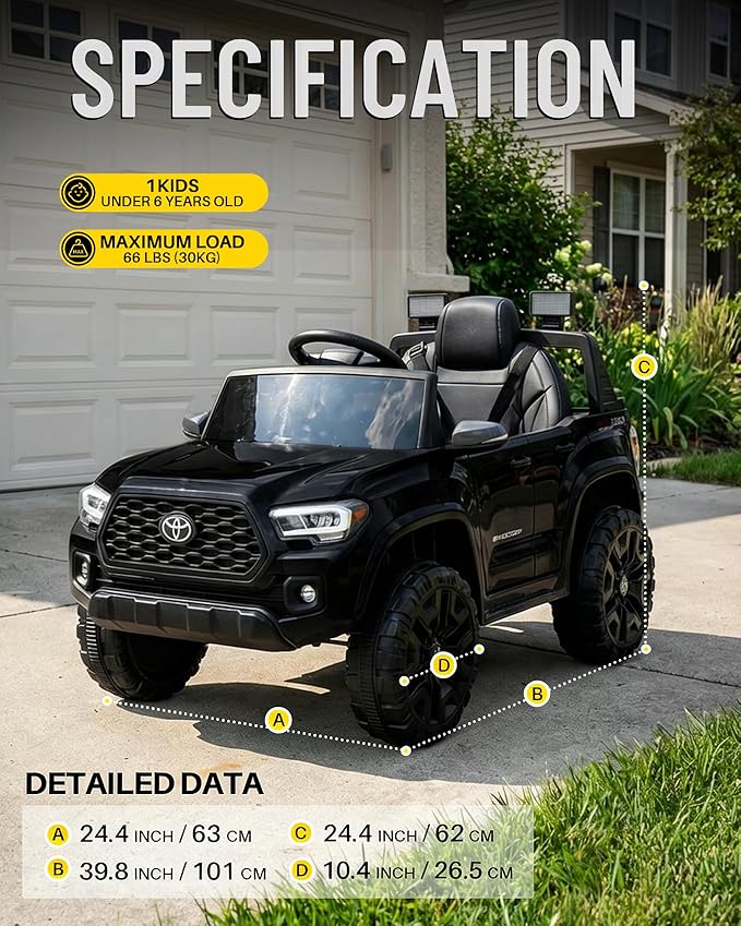 Blitzshark 12V Kids Ride on Car Licensed Toyota Tacoma Battery Powered Motorized Electric Vehicle, with Remote Control, Digital Display, Spring Suspension, Storage Space, Music &FM, Black