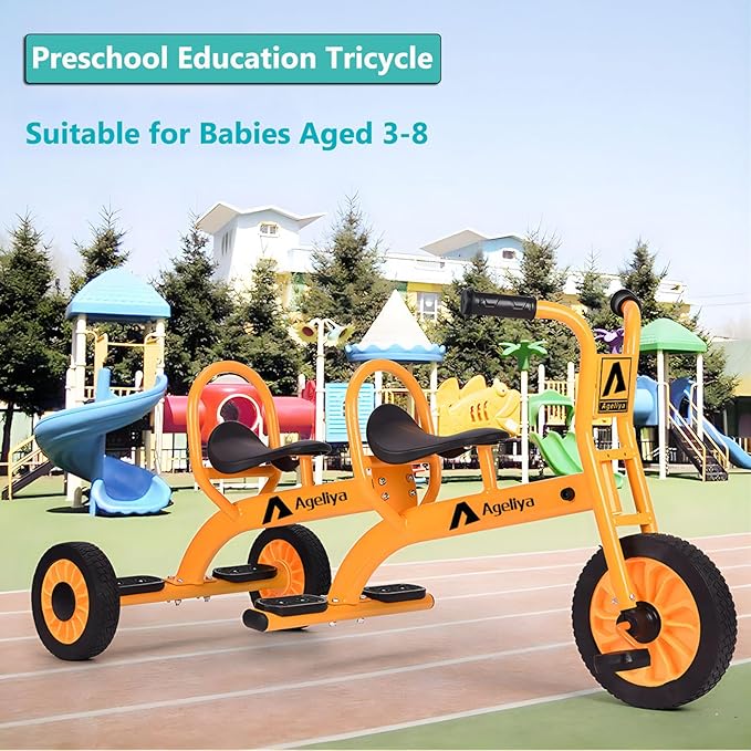 Kids Tricycles for Preschoolers Ages 3+, Ideal Outdoor Playground & Daycare Yard Trike with Passenger Seat, Durable Metal Pedal Tandem Bike, Sturdy Carbon Steel Frame, Solid Rubber Tires