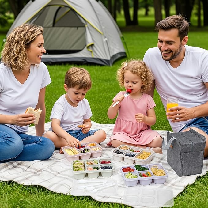 4-Pack Bento Box Adult with Lunch Bag, 5 - Compartment Snack Containers, Reusable Snackle Box with Lids, Meal Prep Containers for Work, Travel and Camping