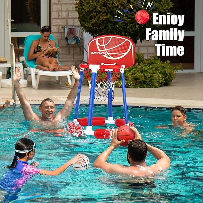 Pool Basketball Hoop with Backboard, Floating Pool Toy for Kids, Inflatbale Pool Basketball Outdoor Toys with 4 Balls & Pump for Swimming Pool, Water Summer Game for Kids Adults, Red