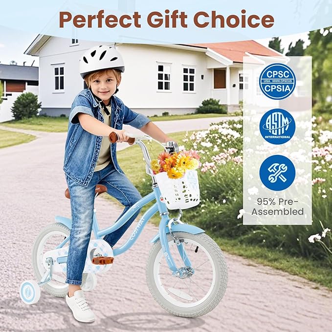 COSTWAY Kids Bike, 12 14 16 18 Inch Toddler Bike Children Bicycle w/Training Wheels, Hand & Coaster Brakes, Adjustable Saddle & Handlebar, Basket, Bell, Kids Bicycle for Girls Boys Aged 3-8 Years Old