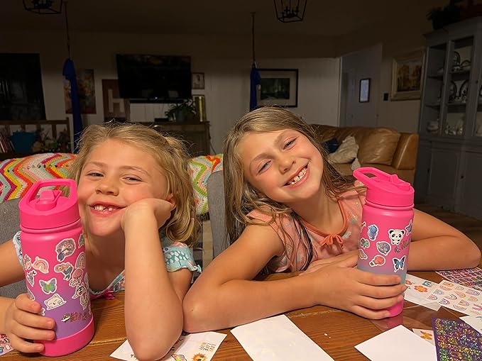 mininoo Kids Water Bottle for School, 16oz Stainless Steel Insulated Water Bottle Kids with Straw Lid for Girls, Boys (Purple/Pink)