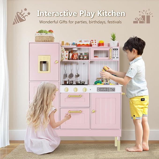 Kinder King Wooden Kids Play Kitchen, Kitchen Playset for Toddler Kid, Play Kitchen Toy Set w/Real Sounds, Pretend Microwave Oven, Ice Maker, Telephone, Gift for Boys Girls Age 3+, Pink