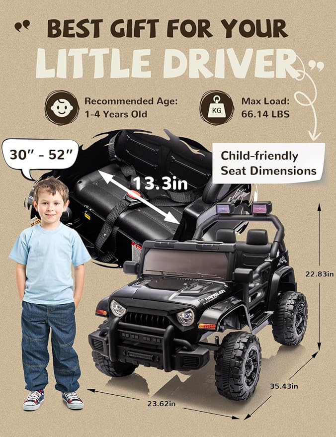 Ride on Car, 12V Kids' Electric Vehicles W/Parents Control, Ride on Toys for Toddlers with Music, Bluetooth, Four-Wheels Suspension, USB, Headlights, Black