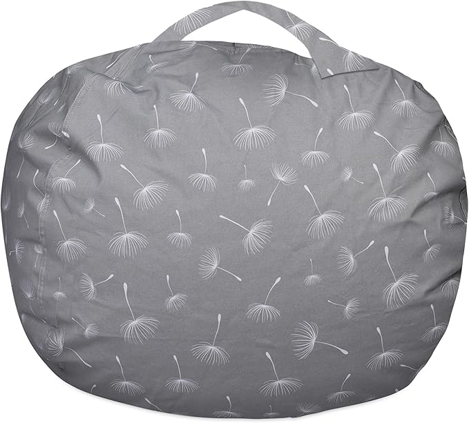 Posh Creations Kids Stuffed Animal Storage Bean Bag Chair Cover - Childrens Toy Organizer, X-Large-48in, Canvas White Dandelions on Gray