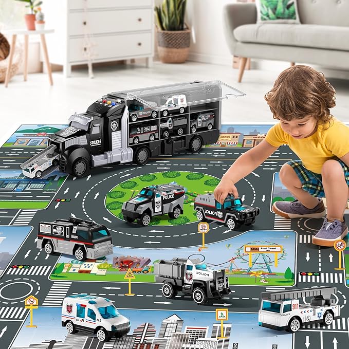 Police Trucks Toy Set with Play Mat, Carrier Truck Play Vehicles Set for 3 4 5 6 Years Old Boys Kids, Die-Cast Car Toy for Toddlers 3-4 Years, Birthday Gifts Toys for 3-9 Year Old Boys