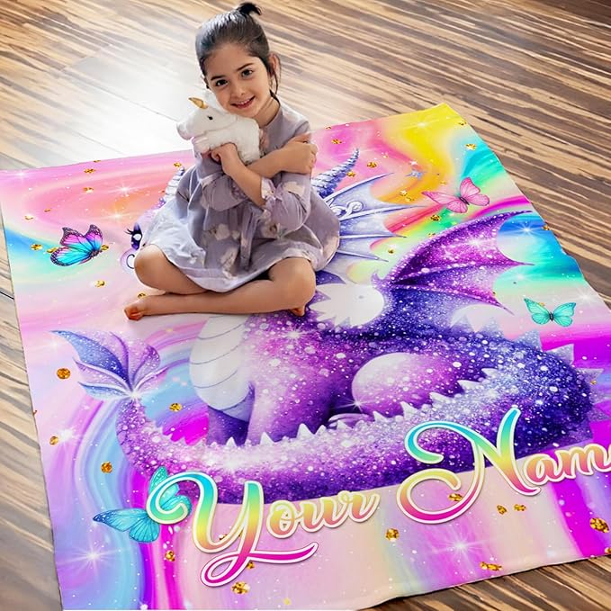 Personalized Blankets for Girls, Dragon Throw Blanket Gift for Girls Kids Teens, Custom 80"x60" Soft Flannel Lightweight Throws Throws for Couch Sofa