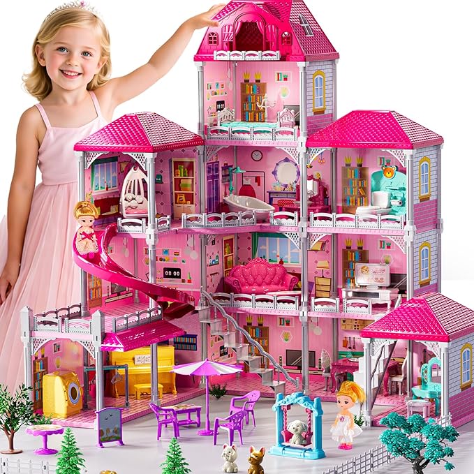 Villa Playset for Girls Ages 3-7, 4-Story 12 Room House with 2 Dolls, Furniture and Accessories, Indoor Playset Girls Toys for Ages 6-8, Pretend Toddler Toy, Birthday Gifts for Kids 4-8