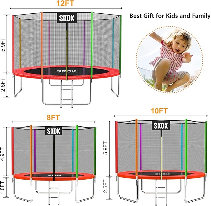 SKOK Trampoline 8FT 10FT 12FT 14FT 15FT Trampolines with Enclosure Net, 400LBS Outdoor Trampolines for Kids with Basketball Hoop-ASTM Approved Trampoline for Children and Adults with Ladder