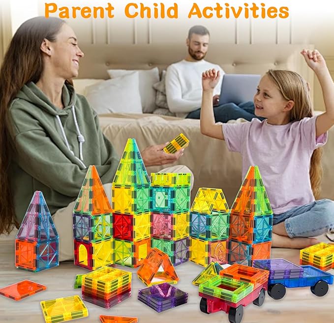 Magnetic Tiles 120PCS Kids Games Toy Building Blocks STEM Classroom Educational Learning Sensory Montessori Magnet Toys for Toddler Boys Girls 3+ Year Old with 2 Cars