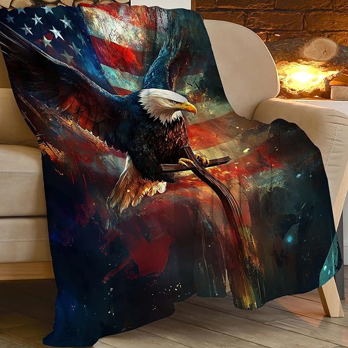 Bald Eagle Blanket American Flag Eagle Throw Blanket Gifts for Men Women Boys Girls Kids Adults Super Soft Cozy Plush Fluffy Fuzzy Fleece Blanket Home Decor 60''X80''