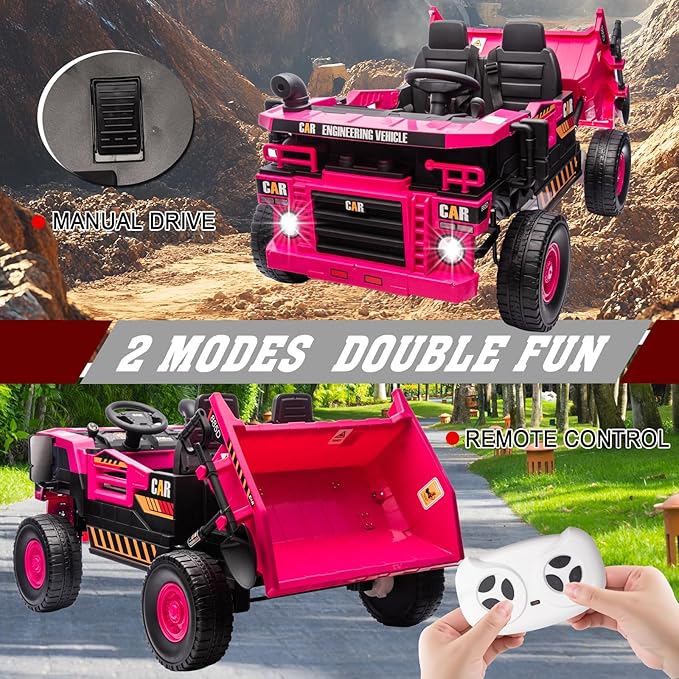 24V 4WD 2-Seater XL Kids Ride on Truck Electric Toy Car with Electric Dump Bed, Parents Remote Control Kids Car Tractor Toys Ride-on Dump Truck for Boys and Girls Ages 3+, Pink