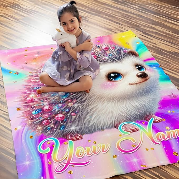 Personalized Blanket for Girls Hedgehog Throw Blanket Gifts for Toddler Kids Teens, 40x30 Inches Custom Lightweight Flannel Blankets Throws for Couch Sofa Bed