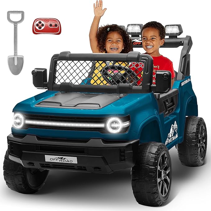 24V Ride on Toys for Big Kids, 2 Seater Electric Car w/22'' Large Seat, Remote Control, Shovel, 4X200W Engines, 4WD/2WD Switchable, Truck Bed Storage, Ride On Truck Toy for Boy Girl, Blue