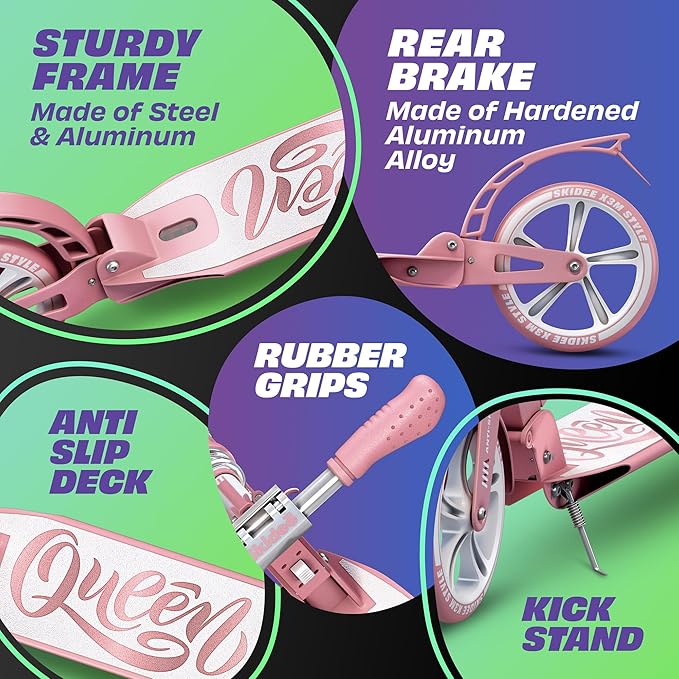 Skidee Adult & Teen Scooter Adjustable Height, Folding, Large Wheels, Lightweight, Durable, Anti-Shock Suspension, Up to 220 lbs