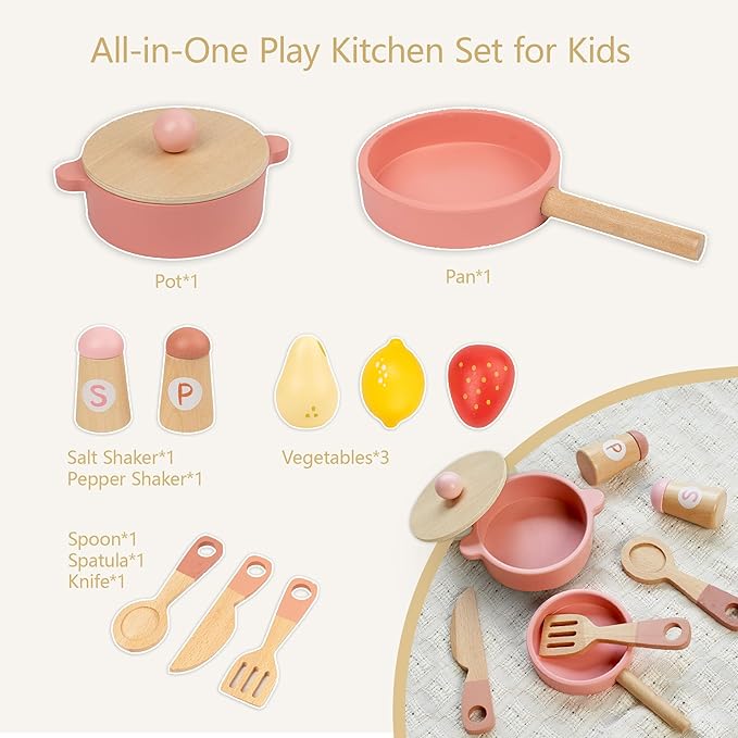 Pink Wooden Play Kitchen with Realistic Features & Accessories, Pretend Cooking Toy for Kids 3+, Ideal Gift for Toddler Boy and Girls