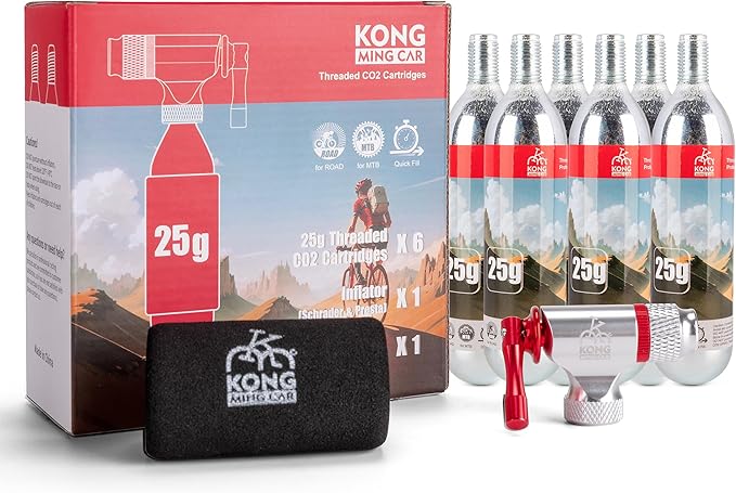 CO2 Inflator Kits with 6 X 16g / 25g CO2 Threaded Cartridges for Bike Tires, Presta and Schrader Valve Compatible, CO2 Bike Tire Pump for Mountain and Road Bicycles