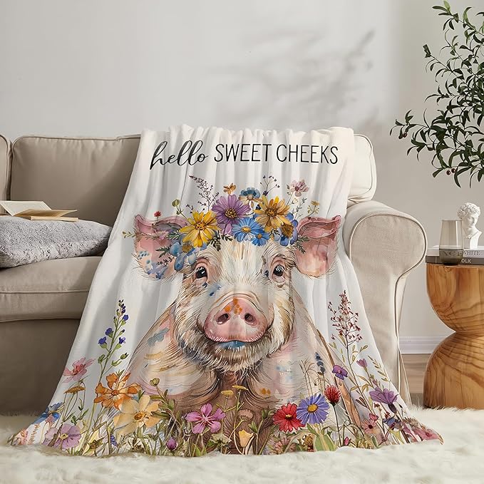 Funny Pig Farm Throw Blanket - Soft, Warm & Cozy Fleece for Couch, Sofa, Bed - 50"x40" - Funny Animal Gift for Girls, Women, Men, Kids, Adults