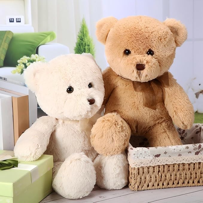 HyDren 2 Pack Plush Bear Stuffed Animals 18 Inch Cuddly Stuffed Bear Plushies with Bow for Birthday Gifts Baby Shower Party Favor Decors Operation Christmas Bulk(Beige, Light Brown)