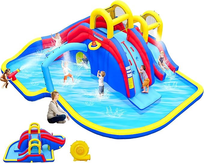 Inflatable Water Slide for Kids with 650W Blower, 2 Climbing Walls, 2 Slides, 2 Splash Pool, Basketball Hoop, Water Gun, 216 x 194 Inch Blow Up Water Slides for Backyard Blue