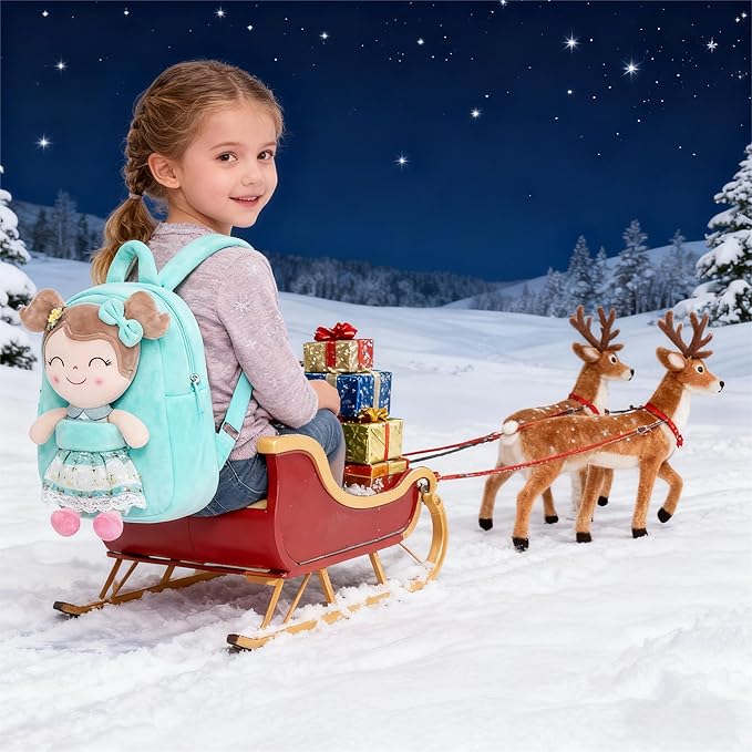 Gloveleya Kids Backpacks Girls Backpack Plush Bags with Soft Baby Doll Green 9"