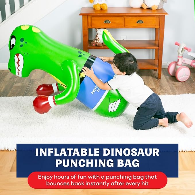 Inflatable Dinosaur Punching Bag for Kids – Bop Bag for Toddlers and Children Ages 3-14 – 47" Blow Up Toy with Bounce-Back Action – Fill Base with Sand or Water