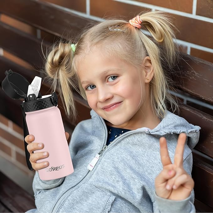 Kids Water Bottle, GOPPUS 14 Oz Stainless Steel Travel Bottle, Double Wall Vacuum Leak Proof Kids Cup for School Boys Girls,Pink