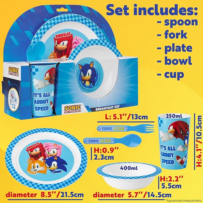 Get Trend Sonic the Hedgehog Dinnerware Sets for Kids, 5 Pc Tableware, Plate, Bowl, Cup, Spoon, Fork, Plates and Bowls Set, Gifts for Kids (Blue Sonic The Hedgehog)