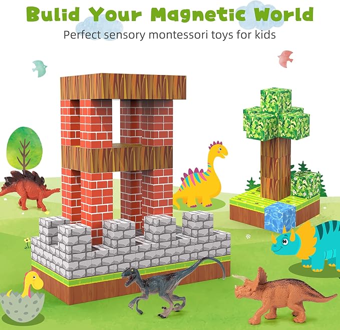 Magnetic Blocks 108PCS Magnetic Building Blocks with 6 Dinosaur Toys