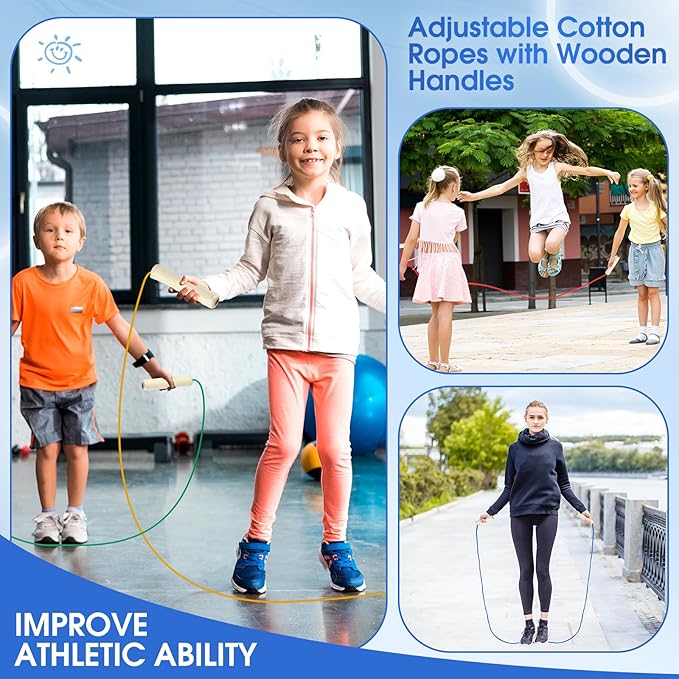 8.53 Ft Jump Ropes for Kids Adults Adjustable Cotton Skipping Rope with Wooden Handle for Multiplayer Double Dutch Jump Rope Exercise Outdoor Fun School Sport Game Gift
