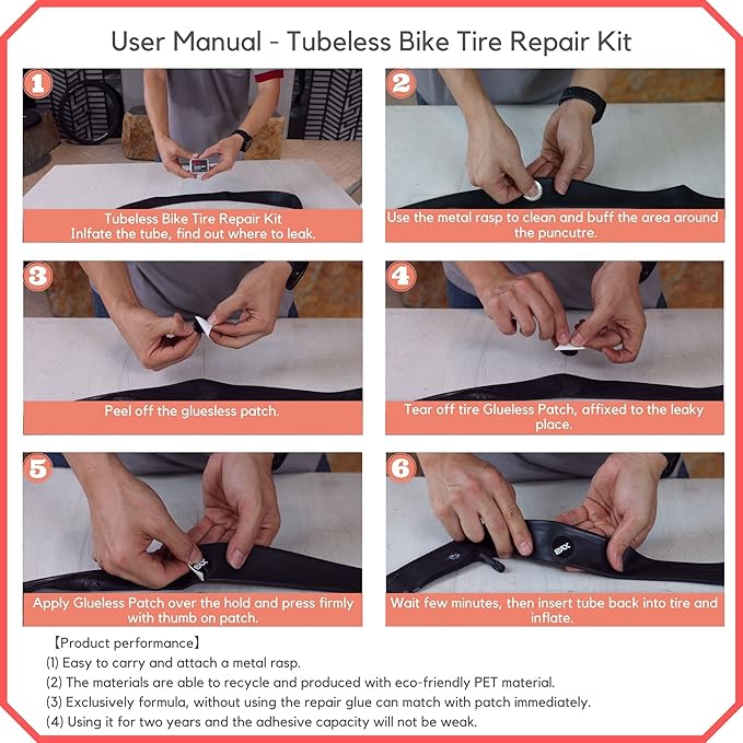 PAX 11Pcs Glueless Bike Tire Glueless Repair Patch Kit, 2 Pcs Nylon Tire Lever, Sand Paper, 1 Pc Marking Pen, 1 Pc Exposition in Portable Storage Box for Road, Mountain & BMX Bikes, ATV