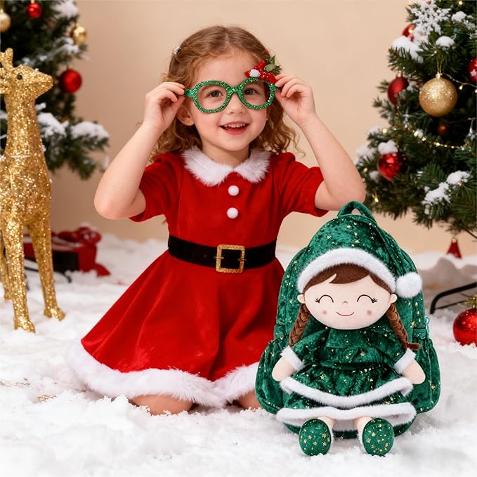 Gloveleya Plush Backpacks Toddler Backpack Removable Doll and Backpack Baby Girl Gifts for 2 to 8 Years Girl Birthday Gifts with Green Doll