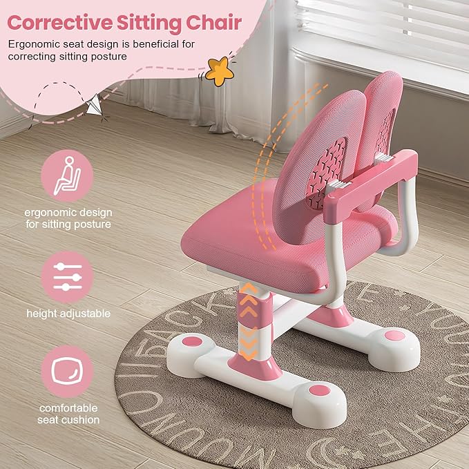 Kids Desk and Chair Set, Height Adjustable Study Table with Bookshelf & Storage Drawer, 0-50° Tiltable Desktop, Ergonomic Study Desk for Boys and Girls Ages 3-12 (Pink)