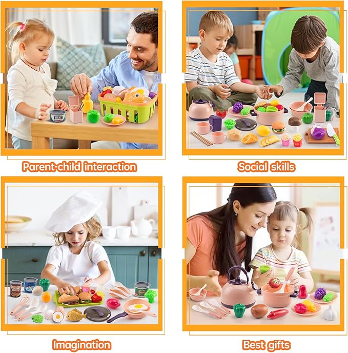 118Pcs Mini Play Kitchen Accessories for Kids, Pretend Cooking Playset with Cookware, Tableware & 2 Fruit Sets, Learning Gift for Girls, Boys, Toddlers, Pink