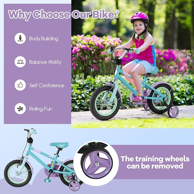 BABY JOY Colorful Macarons Kids Bike, 12 14 16 18 Inch Sporty Children's Bicycle with Training Wheels, Adjustable Handlebar & Saddle, Handbrake & Coaster Brake, Boys Girls Bike for 3-8 Years Old