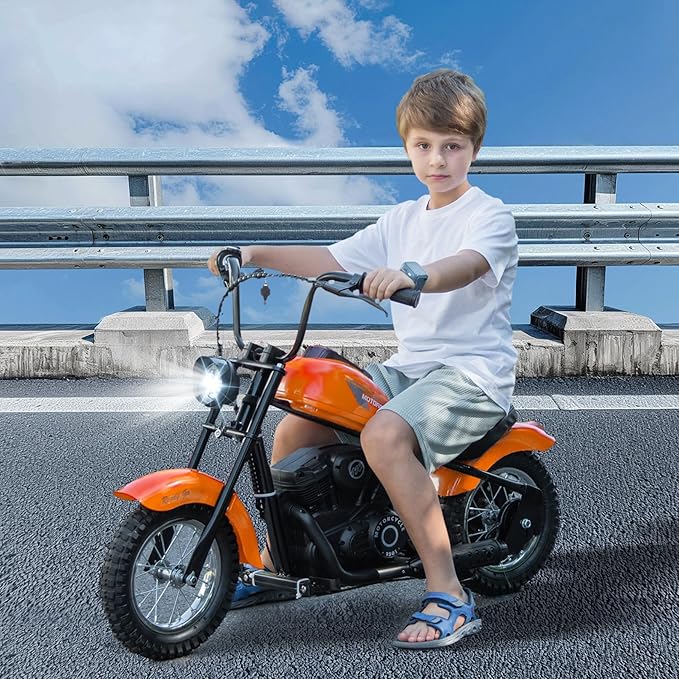 Electric Dirt Bike for Kids, 24V 9AH Ride on Toy for Big Kids, 250W Strong Motor 14MPH Fast Speed Electric Retro Off-Road Motorcycle, LED Lights, Orange