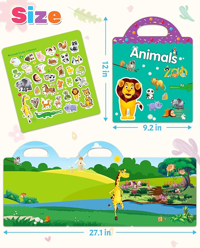 Benresive Reusable Sticker Book for Toddlers 2-4 Years, Fun Travel Stickers for Kids, Waterproof Sticker Books for Toddlers 1-3, Crafts Activities for Toddler 1-3 2-4 3-5 - Animals Zoo