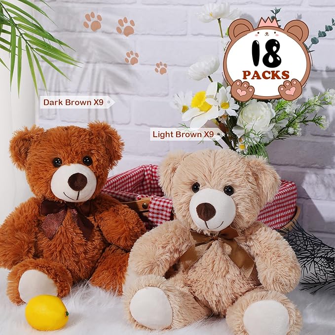 Zhanmai 18 Pcs 14 Inch Bears Stuffed Animal 2025 Graduation Gifts Bulk Plush Bear Toys for Birthday Baby Shower Party Favor(Light Brown, Dark Brown)