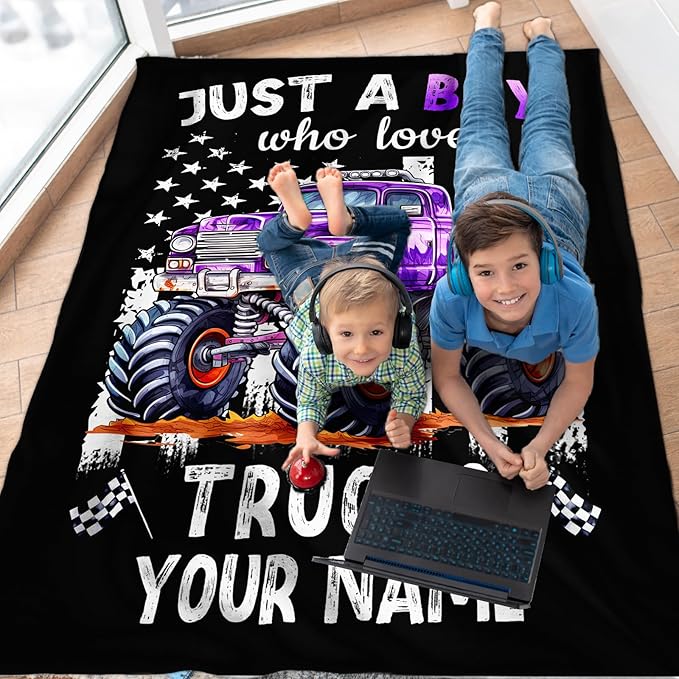 Personalized Truck Blanket for Kids Teens Boys - 50x60 Inches Cute Truck Throw Blanket Gifts for Truck Lovers - Custom Black Soft Fuzzy Car Stuff Decor for Couch Bed Sofa